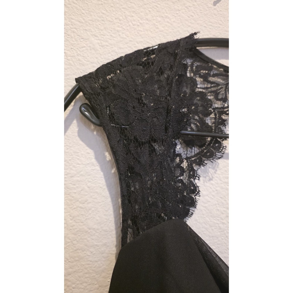 Xscape Black Lace Cap Sleeve Cowl Neck Ruched Maxi Gown Open Back Front Slit 12 - Picture 5 of 9